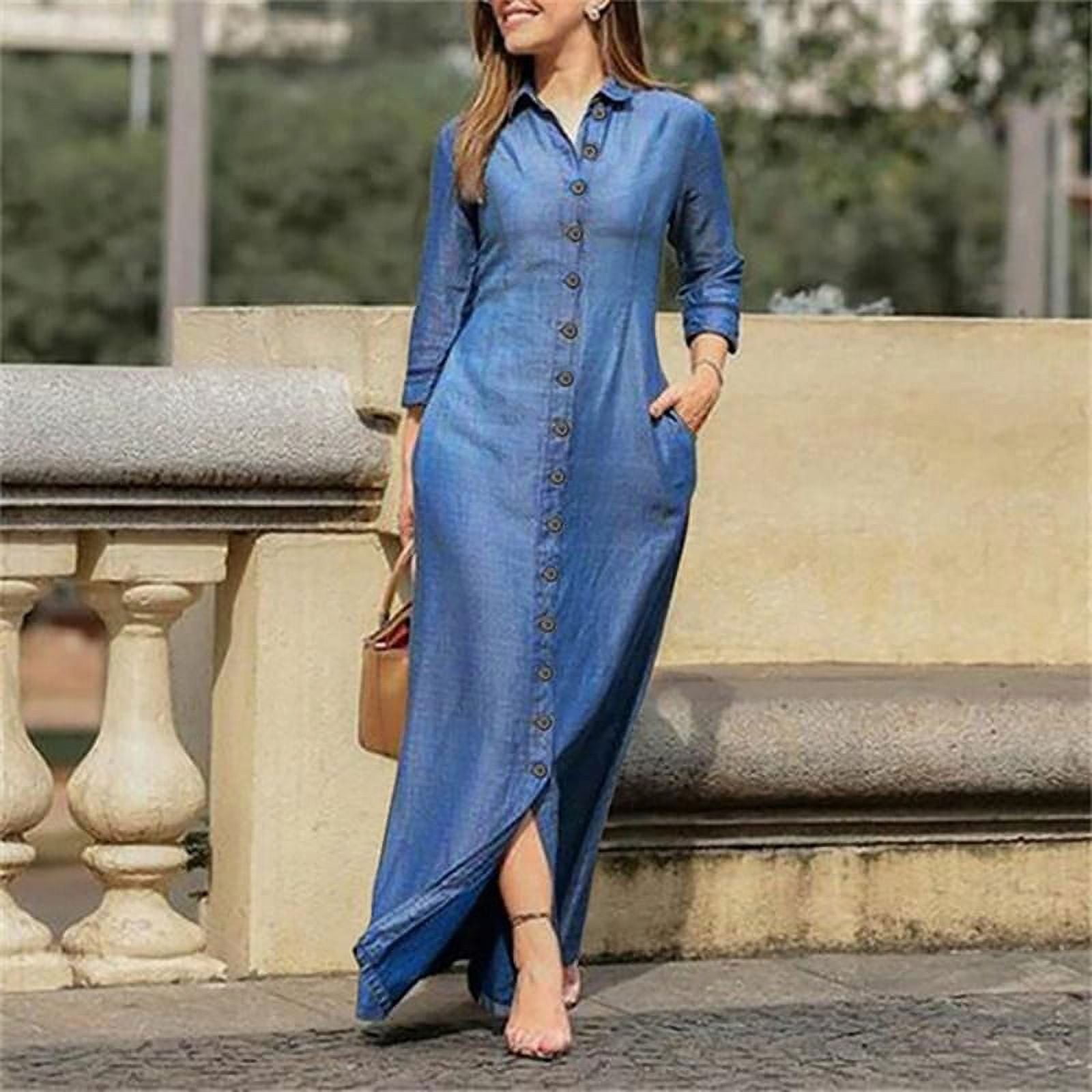Chouyatou Womens Casual Button Down Denim Maxi Dress Lapel