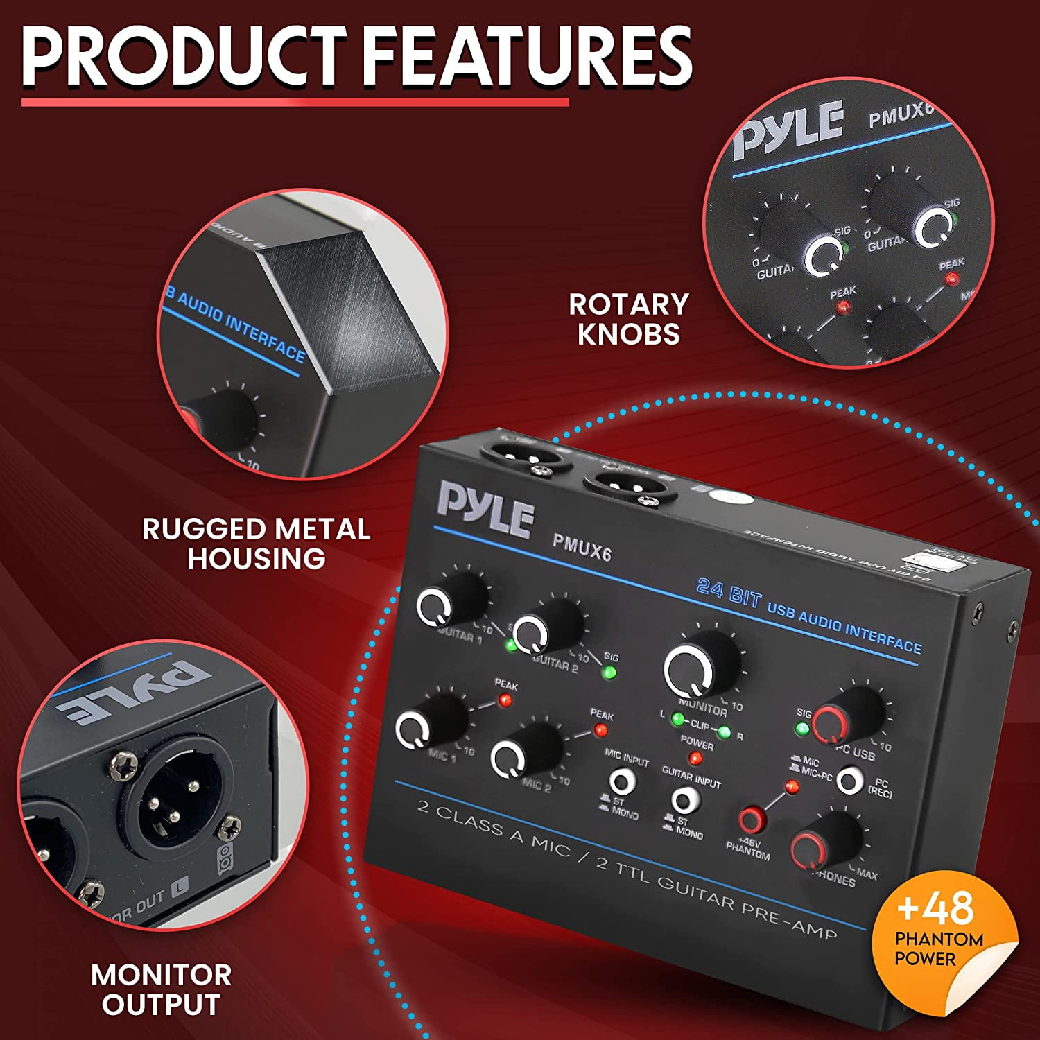Professional USB Audio Interface with MIC/LINE, Guitar, AUX Stereo and RCA Inputs, Phone/Stereo/Monitor Outputs