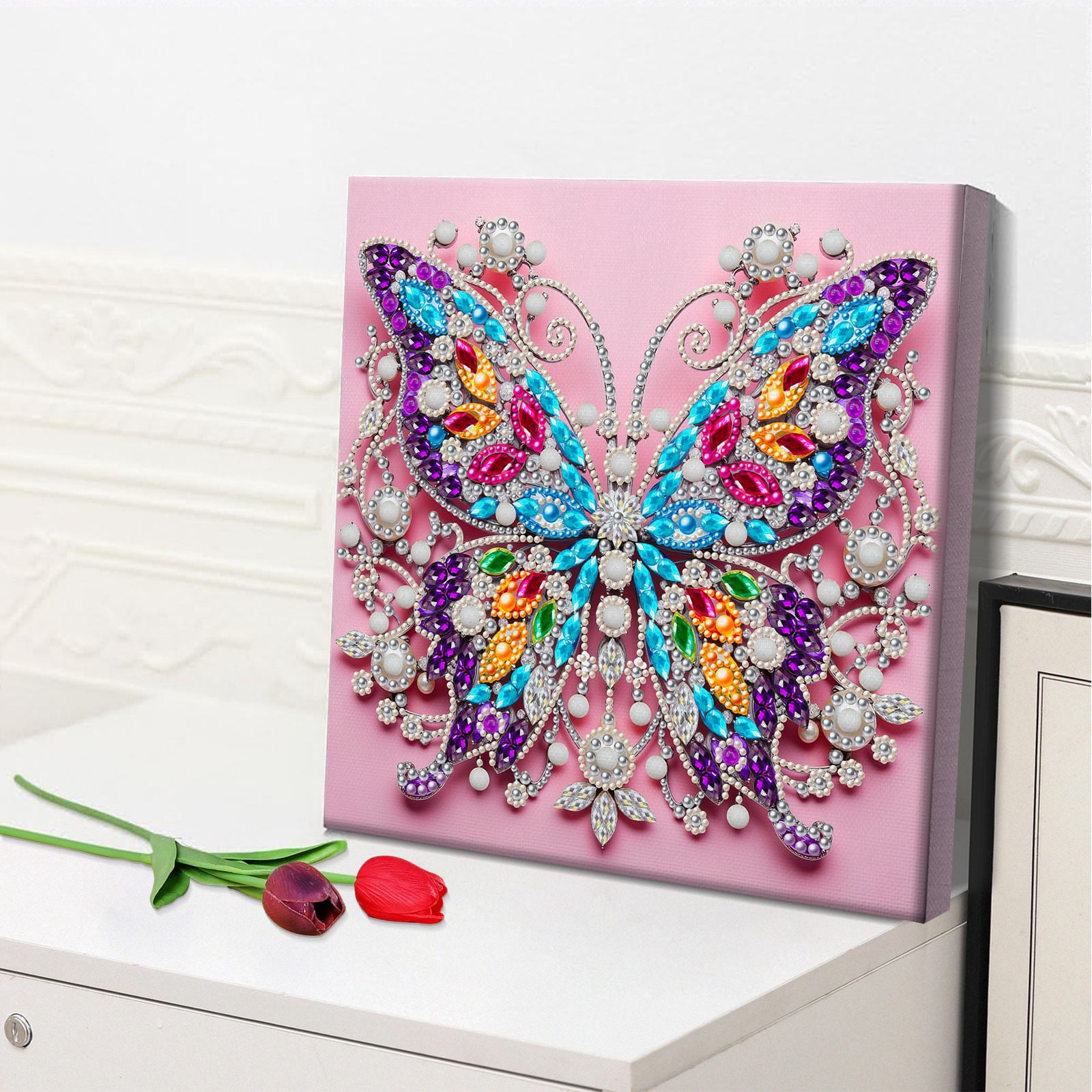 FLOPESN DIY Pearl Painting Kit with Wood Frame, 11.42x11.42 Inch Home Wall Art Decor, Mindful Adult Craft for Stress Relief and Relaxation-Butterfly-1