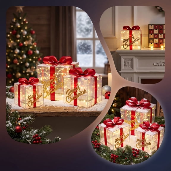 DXSSXC Christmas Lighted Gift Boxes Set of 3 Present Ornaments with Warm White LED for Tree Indoor Outdoor Yard Holiday Door Home Party Decor Gift