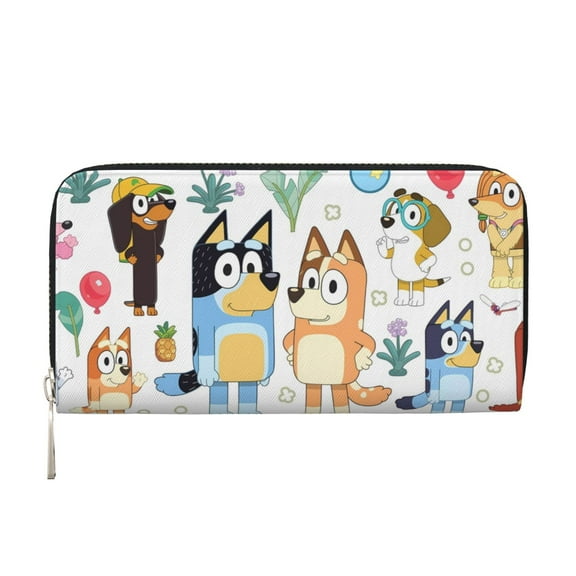 Kowoue Bluey Pattern Genuine Leather Long Wallet Card holder Wallet with Coin Pocket Wristlet Clutch Wallet Purse