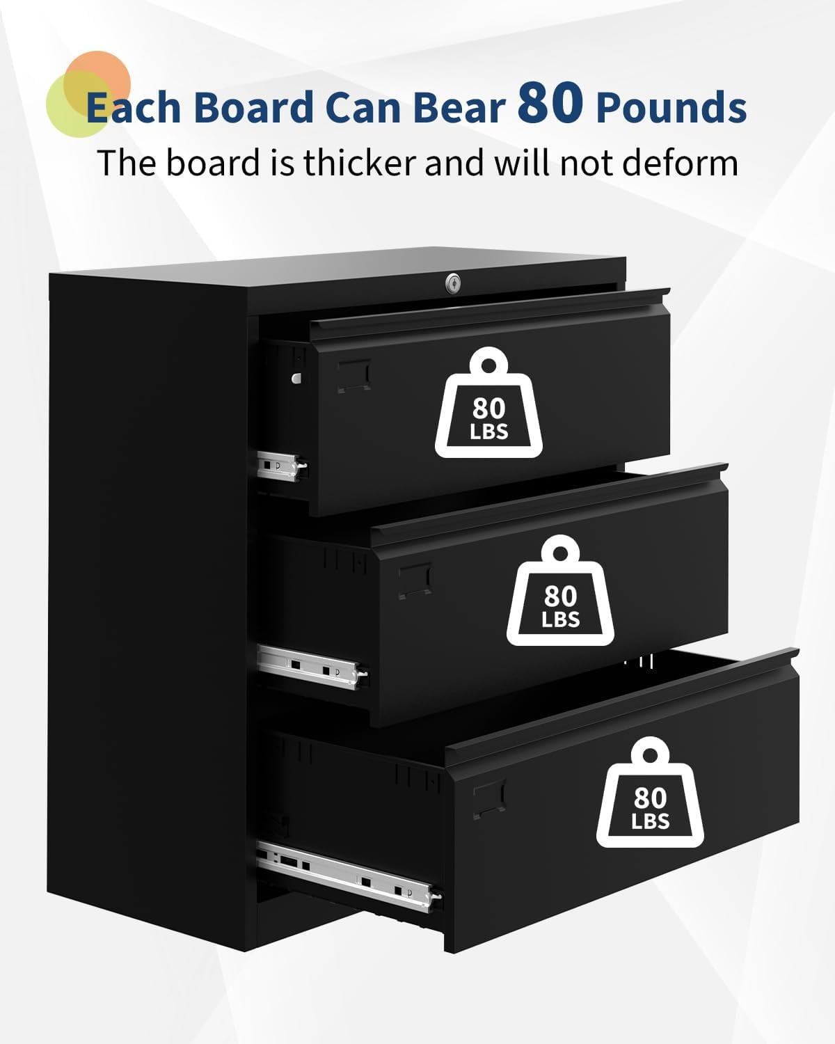 3 Drawer Lateral File Cabinet with Lock, Heavy Duty Steel Office Storage for Letter/Legal/A4 Documents, Easy Assembly Space-Saving Design - Black