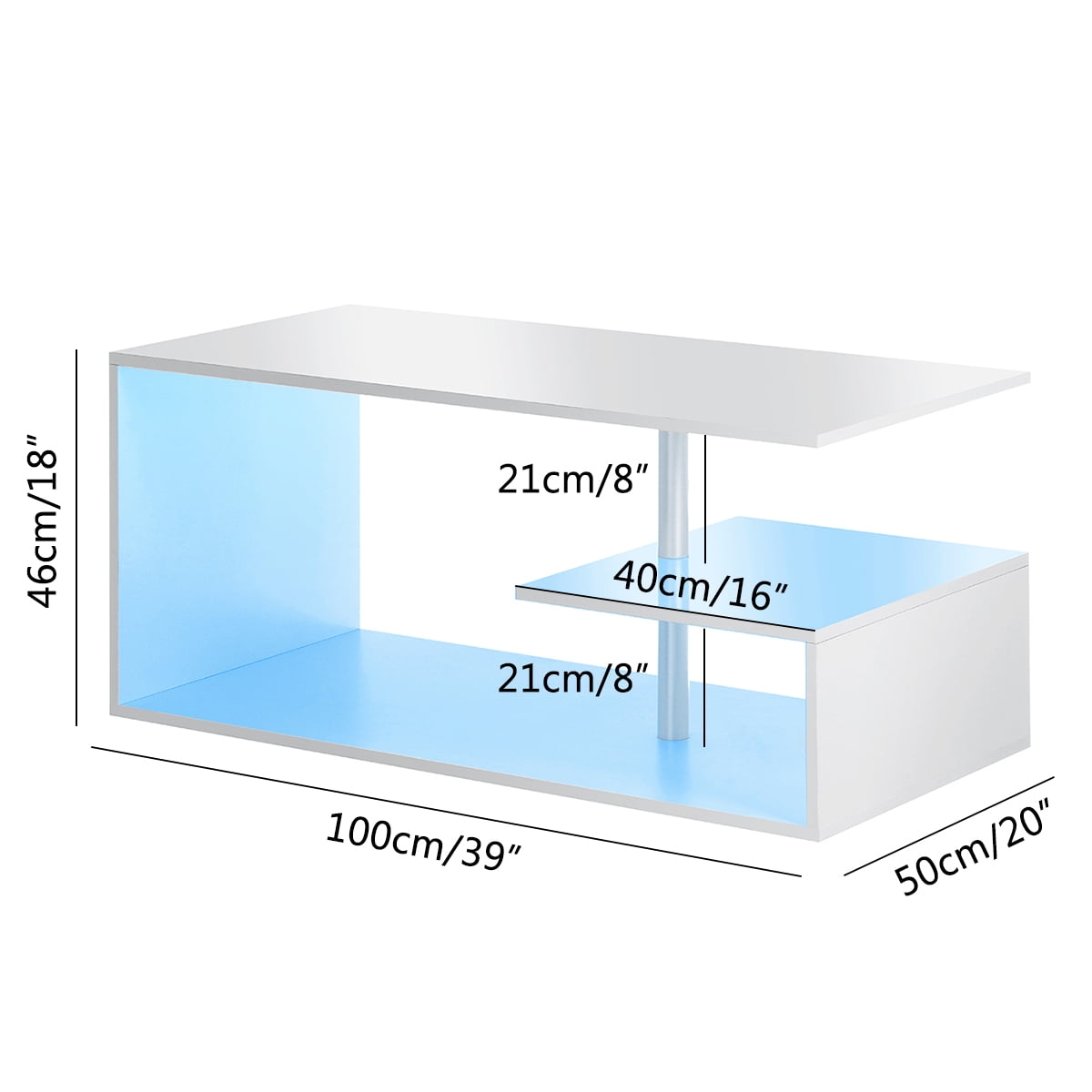 Hommpa High Gloss White Coffee Table with LED Lights Open Shelf Smart APP Control S Shaped Modern Sofa Side End Table for Living Room