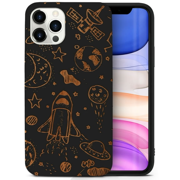 Case Yard Wooden Case for iPhone-11-Pro-Max Soft TPU Silicone cover Slim Fit Shockproof Wood Protective Phone Cover for Girls Boys Men and Women Supports Wireless Charging Outer Space Design