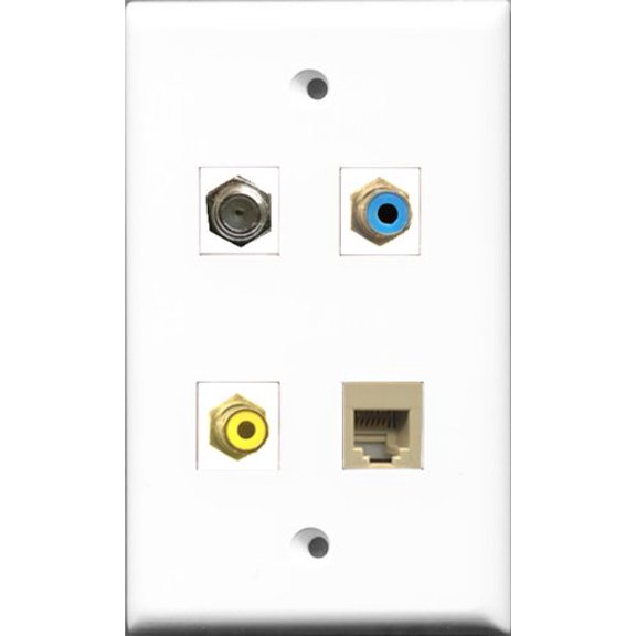 RiteAV 1 Port RCA Yellow and 1 Port RCA Blue and 1 Port Coax Cable TV- F-Type and 1 Port Phone RJ11 RJ12 Beige Wall Plate