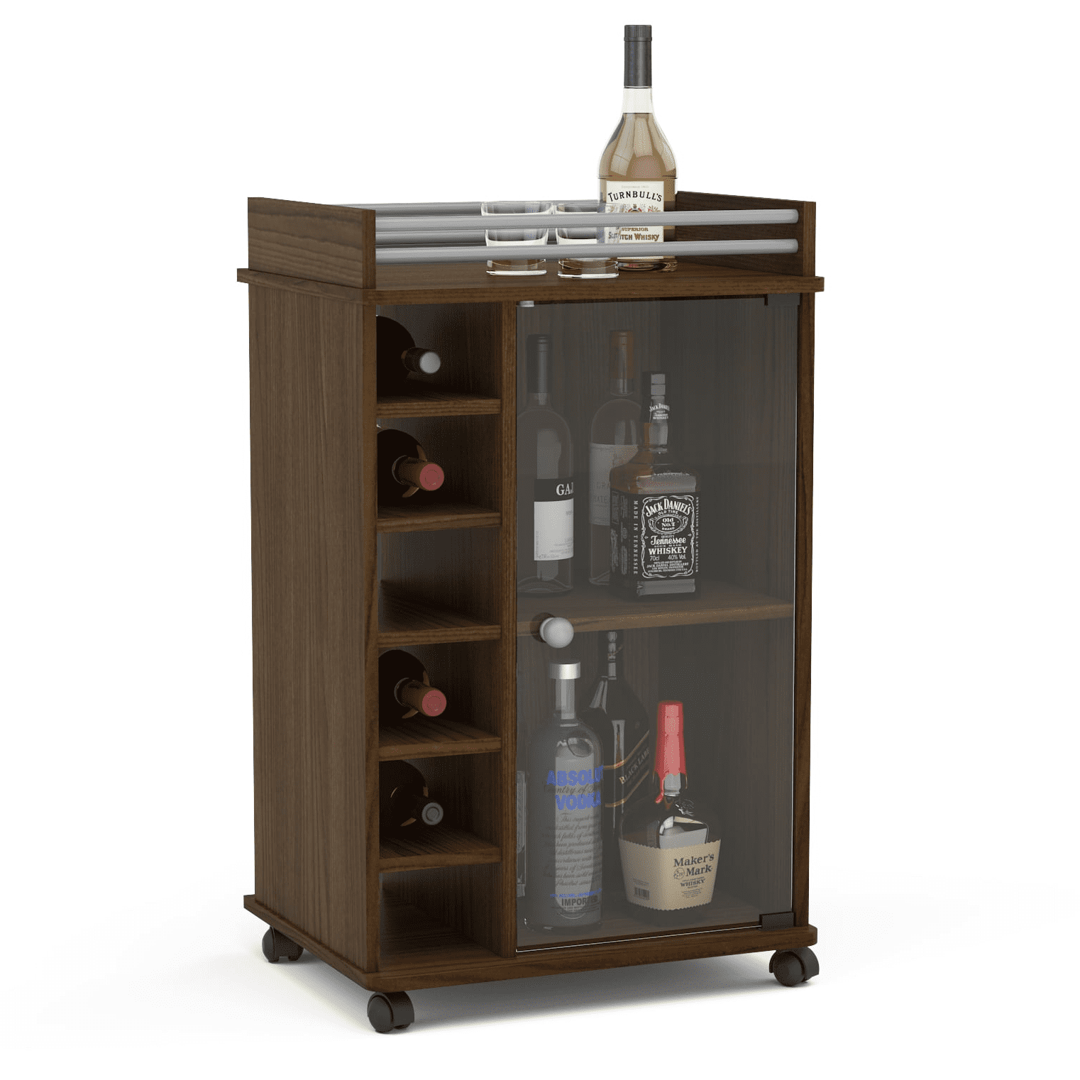 Polifurniture Laguna Portable Bar with Glass Door, Walnut