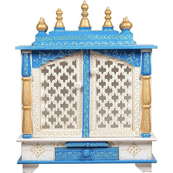 TAM Creatio Wooden Pooja Mandir Indian Hindu Decoration Puja Cabinet Temple Bhagwan Stand Mandapam Wall Hanging Decor for Home in USA (White Blue)