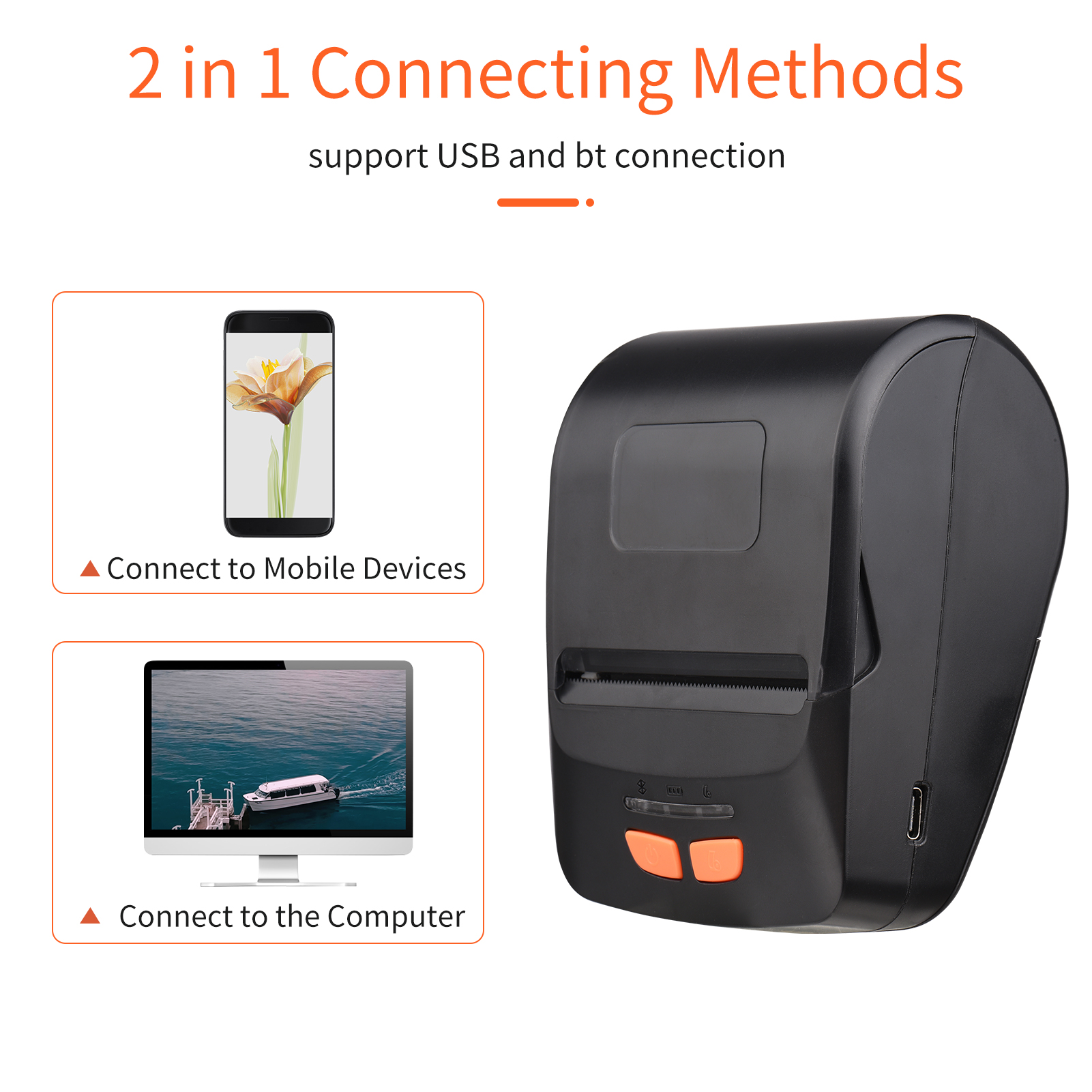 Imprimante Thermique Portable 58 Mm - Bluetooth Et USB, Vitesse 50-80 Mm/s, Batterie Intégrée, Pour Android Et Windows