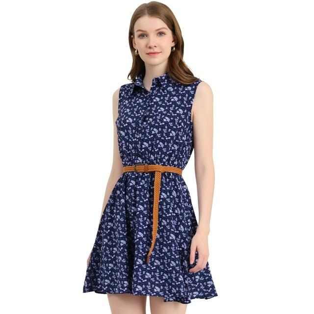 INSPIRE CHIC Robe Sans Manches à Imprimé pour Femme à Demi-Patte de Boutonnage avec Ceinture