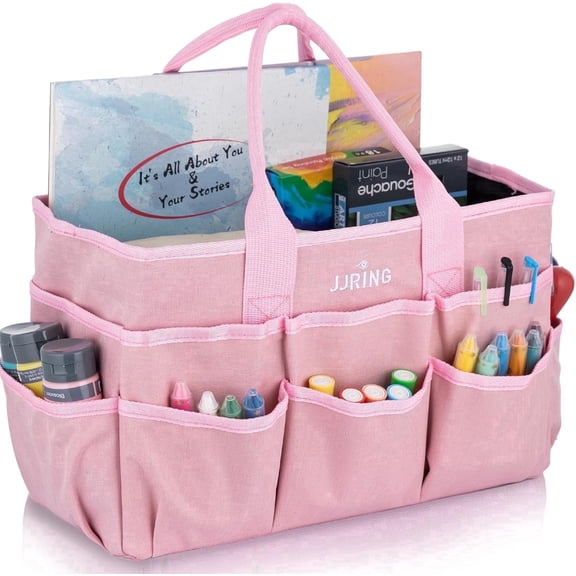 Craft Organizer Tote Bag, Pink Art Storage Caddy with Multiple Pockets for Sewing, Scrapbooking, Medical & Office Supplies