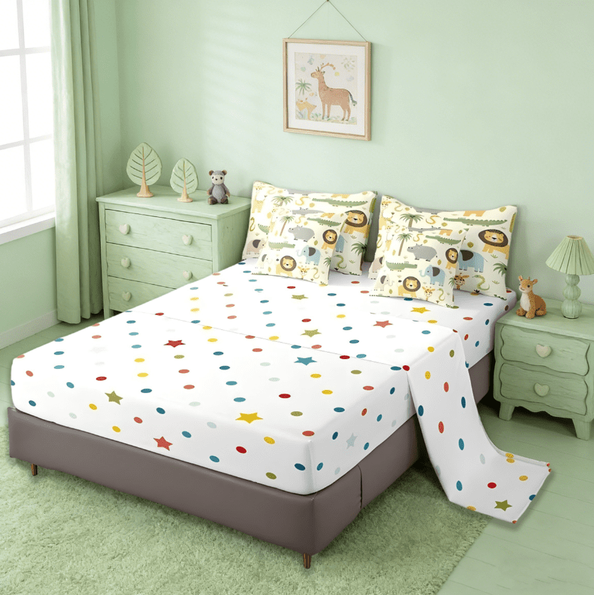 Manfei Nature Wildlife Zoo Animal Theme 7 Pieces Bedding Comforter Set,Cartoon Lion Giraffe Crocodile Full Bedding Set Reversible