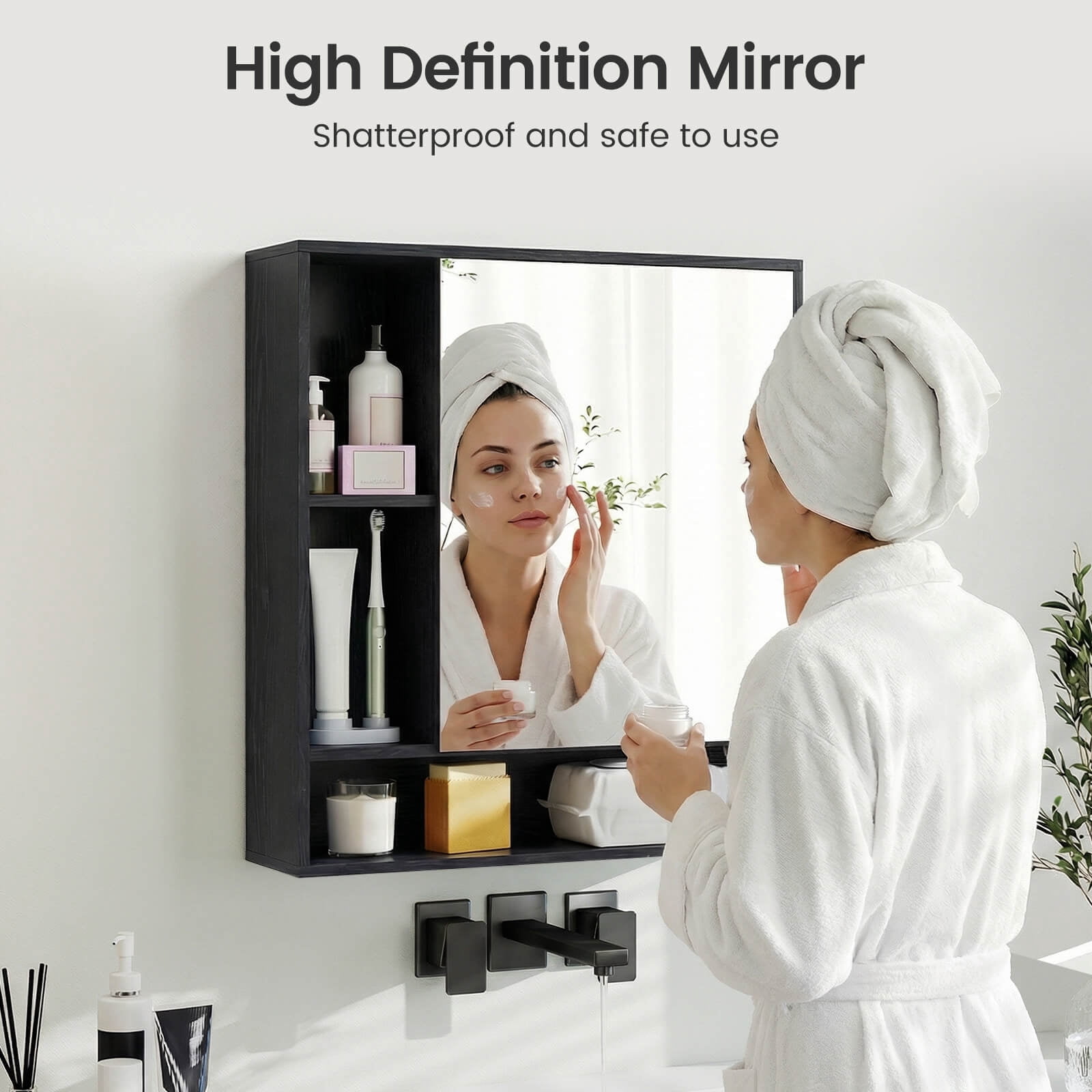 Costway Bathroom Wall Cabinet with Mirror, Single Door, 3 Open Shelves & Adjustable Shelf Black
