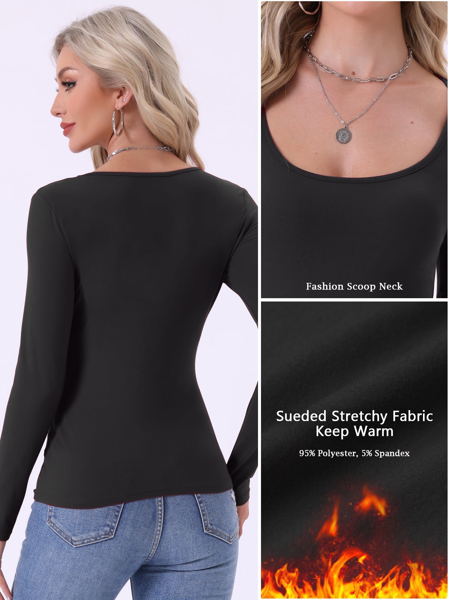 DARING DIVA Women's Scoop Neck Long Sleeve Slim Stretchy Thermal Tee L Black