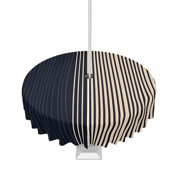 Fsddascl Navy Blue Black Stripe Outdoor Tablecloth - 60 Inch Round Dining Table Cover, Contemporary Clean-lined Abstract Waterproof Outdoor Table Cloth with Umbrella Hole & Zipper for Picnic/Patio