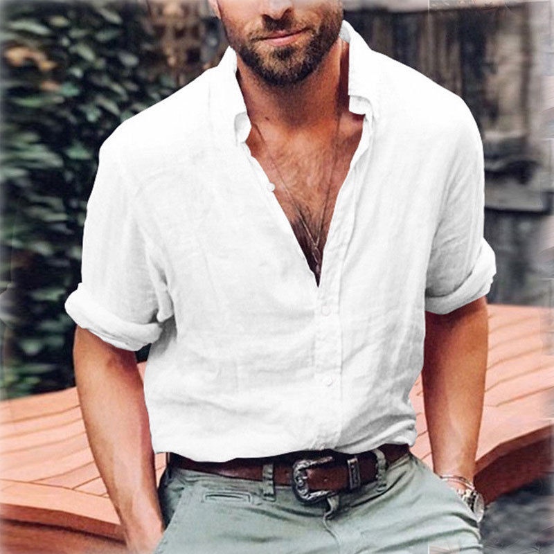 s Casual Cotton Linen Shirts V-neck 