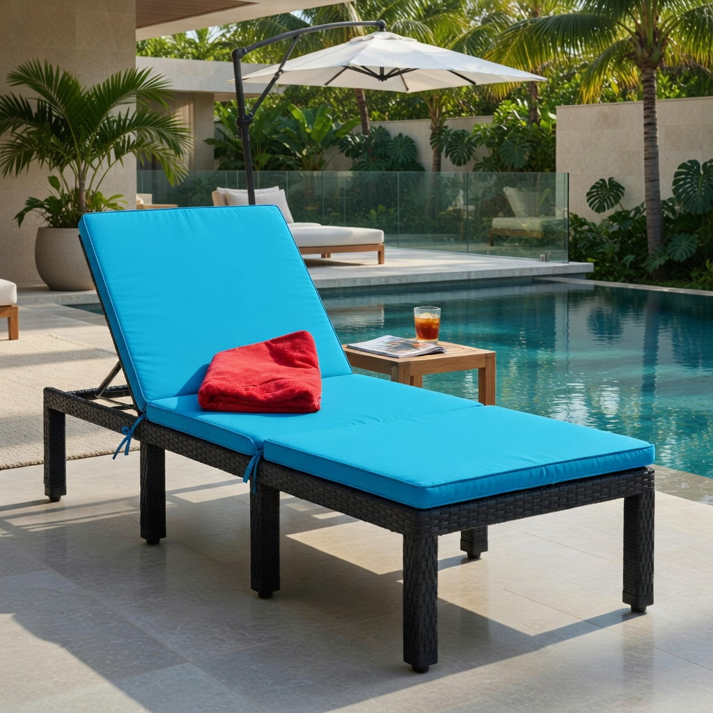 Hommoo Adjustable Height Outdoor Rattan Lounge Chair with Cushion, PE Wicker Patio Chair for Poolside, Garden, Porch, Turquoise