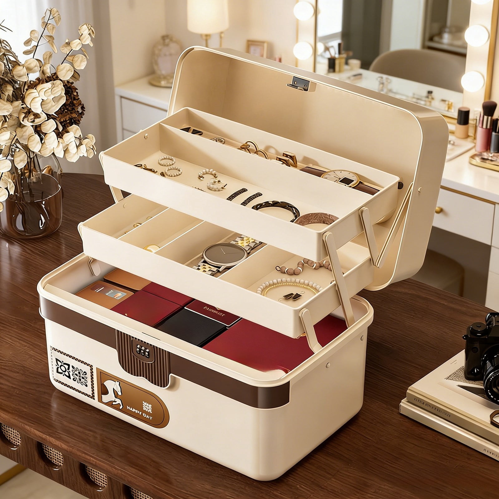 Three Layer Craft Lock Organizers and Storage Portable Folding Tackle with Handle and Dividers Multipurpose for Sewing Home Textile Storage
