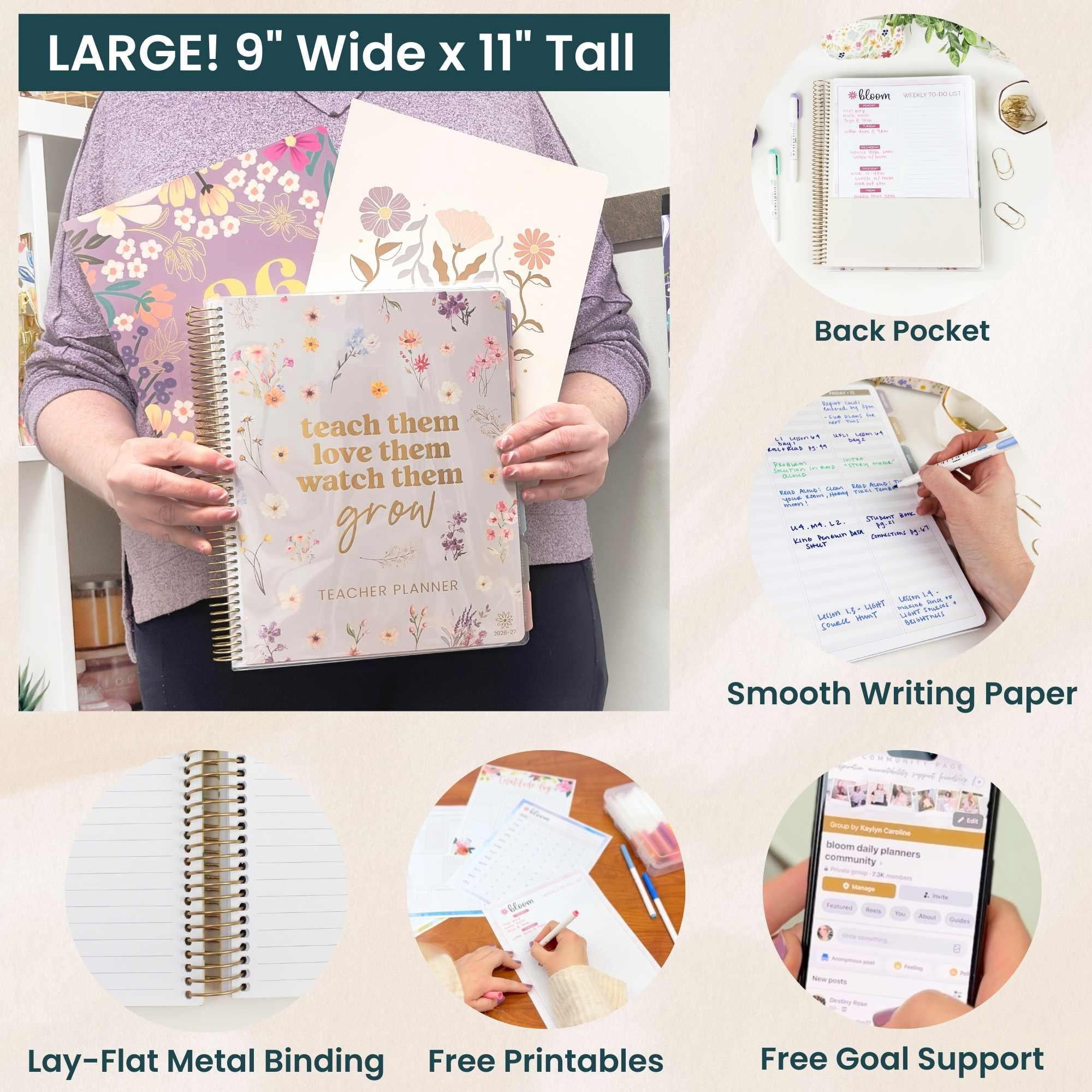 bloom daily planners 2026-2027 Academic Teacher Planner, 13-Month Lesson Plan Book, 9" x 11", Interchangeable Cover, Cool Tones