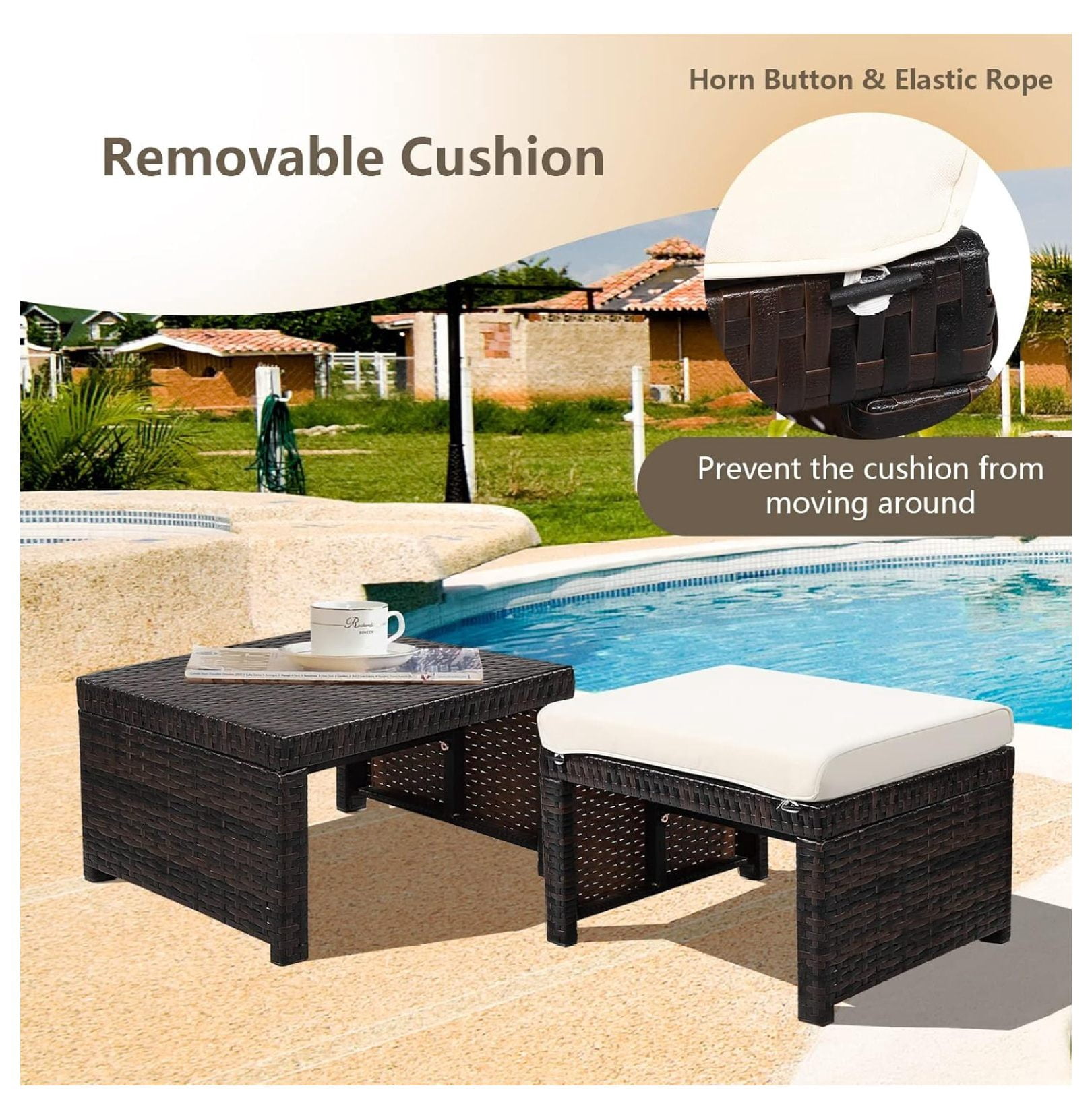 Outdoor Wicker Ottomans with Cushions, Steel Frame Patio Rattan Footstool, 2-Piece