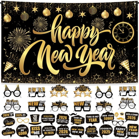 KatchOn New Years Eve Party Supplies 2026 Set - Pack of 48 | Black and Gold Happy New Year Banner New Years Photo Booth Props | 2026 Glasses for New Years Decorations | New Years Eve Decorations