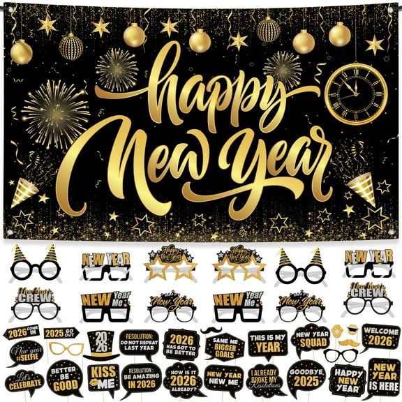 KatchOn, New Years Eve Party Supplies 2026 Set - Pack of 48 | Black and Gold Happy New Year Banner, New Years Photo Booth Props | 2026 Glasses for New Years Decorations | New Years Eve Decorations