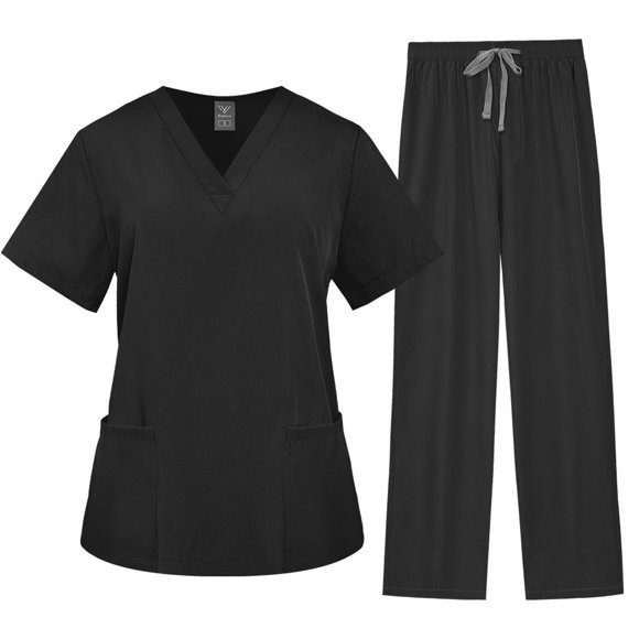 HaiMao Scrubs for Men Set Clearance Scrubs Top and Drawstring Pants Soft Nursing Uniform Scrubs Set Solid Stretch Workwear Black S(S)