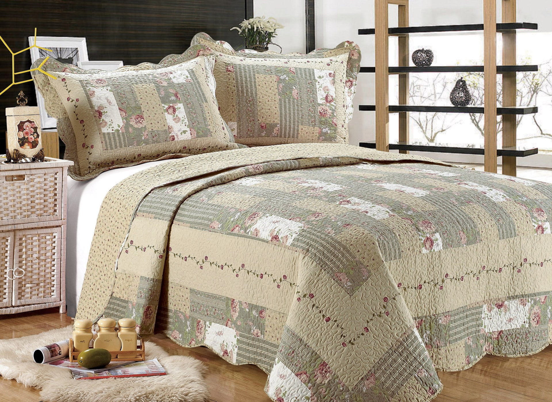 King Size 100% Cotton 3 PC Reversible Coverlet Bedspread Set Comforter 