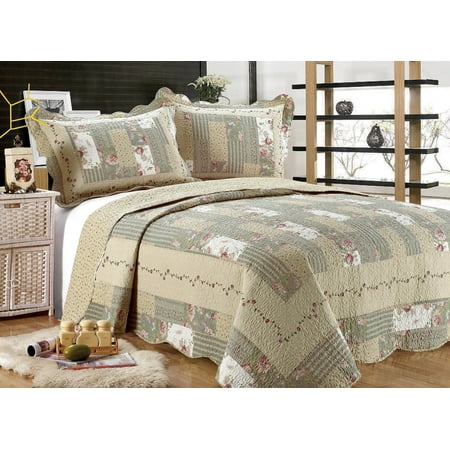 All for You 3pc Reversible Quilt Set, Bedspread, or Coverlet with Patchwork Prints-5 different sizes-beige, pink, burgundy and gray green prints (Larger King 100