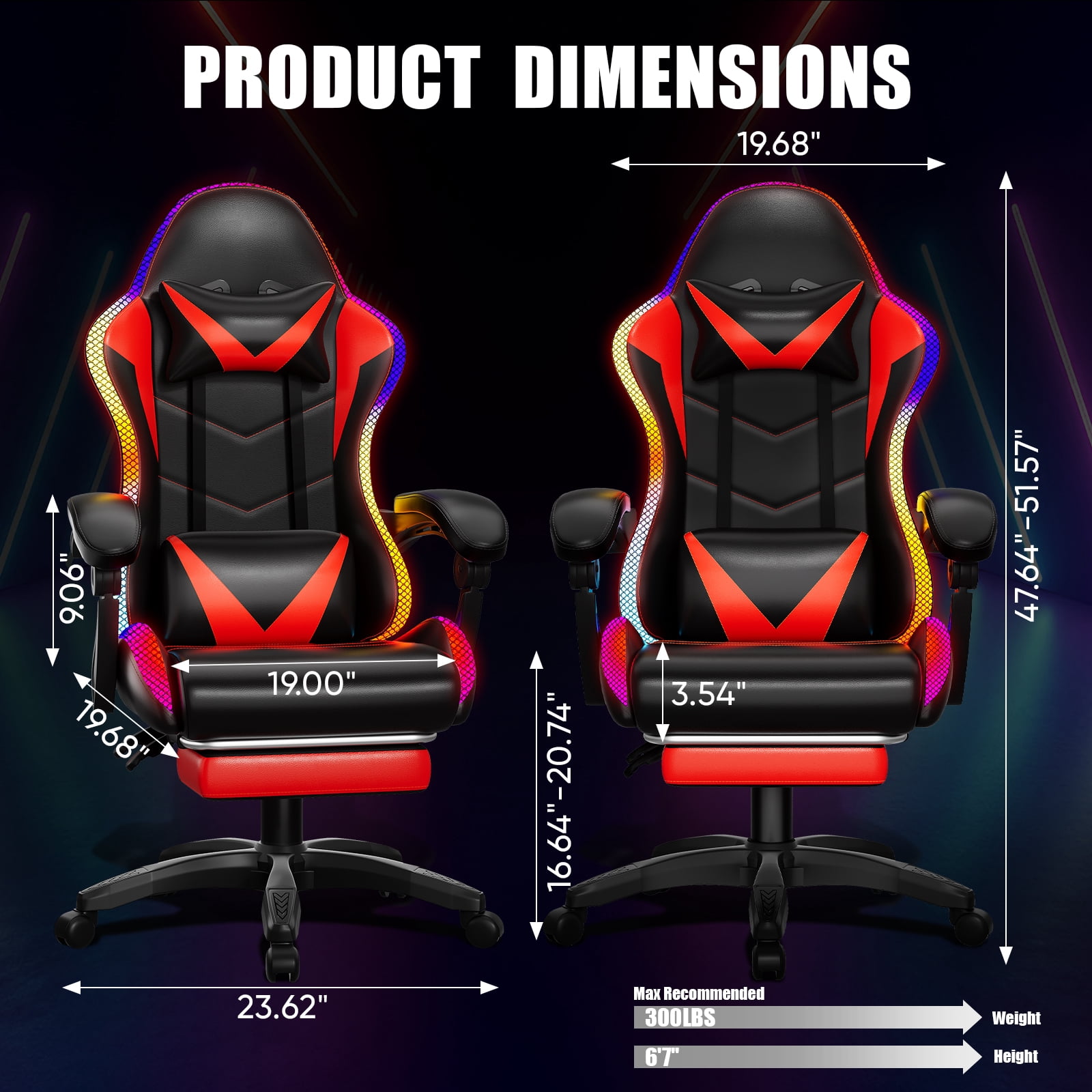Czlolo Gaming Chair, Racing Style RGB LED Lights Gaming Chairs for Adults and Kids, Lumbar Massager Gamer Chair, High Back Reclining Computer Chair with Footrest and Headrest (Black/Red)
