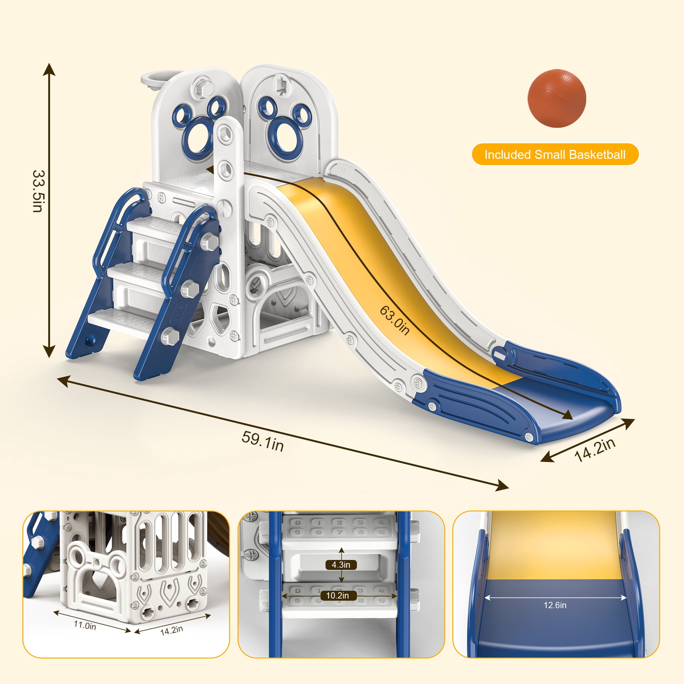 Zifadola Sturdy Kids Slide, 4 in 1 Toddler Slide and Climber Playset with Basketball Hoop, Blue
