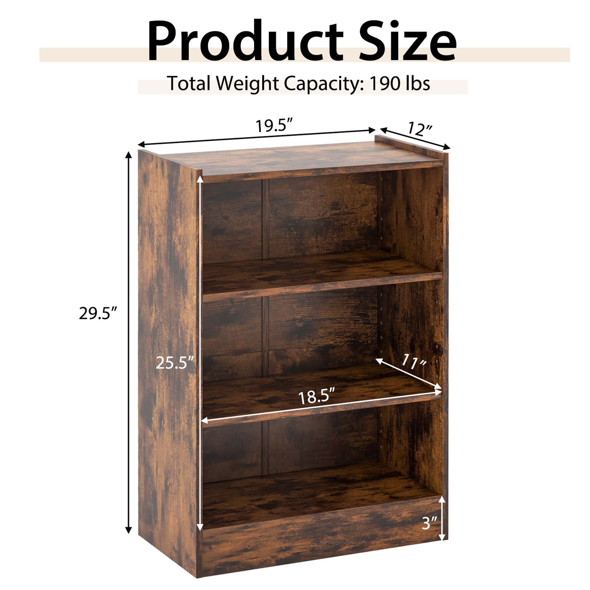 Costway 3-Tier Bookcase Open Multipurpose Display Rack Cabinet with Adjustable Shelves