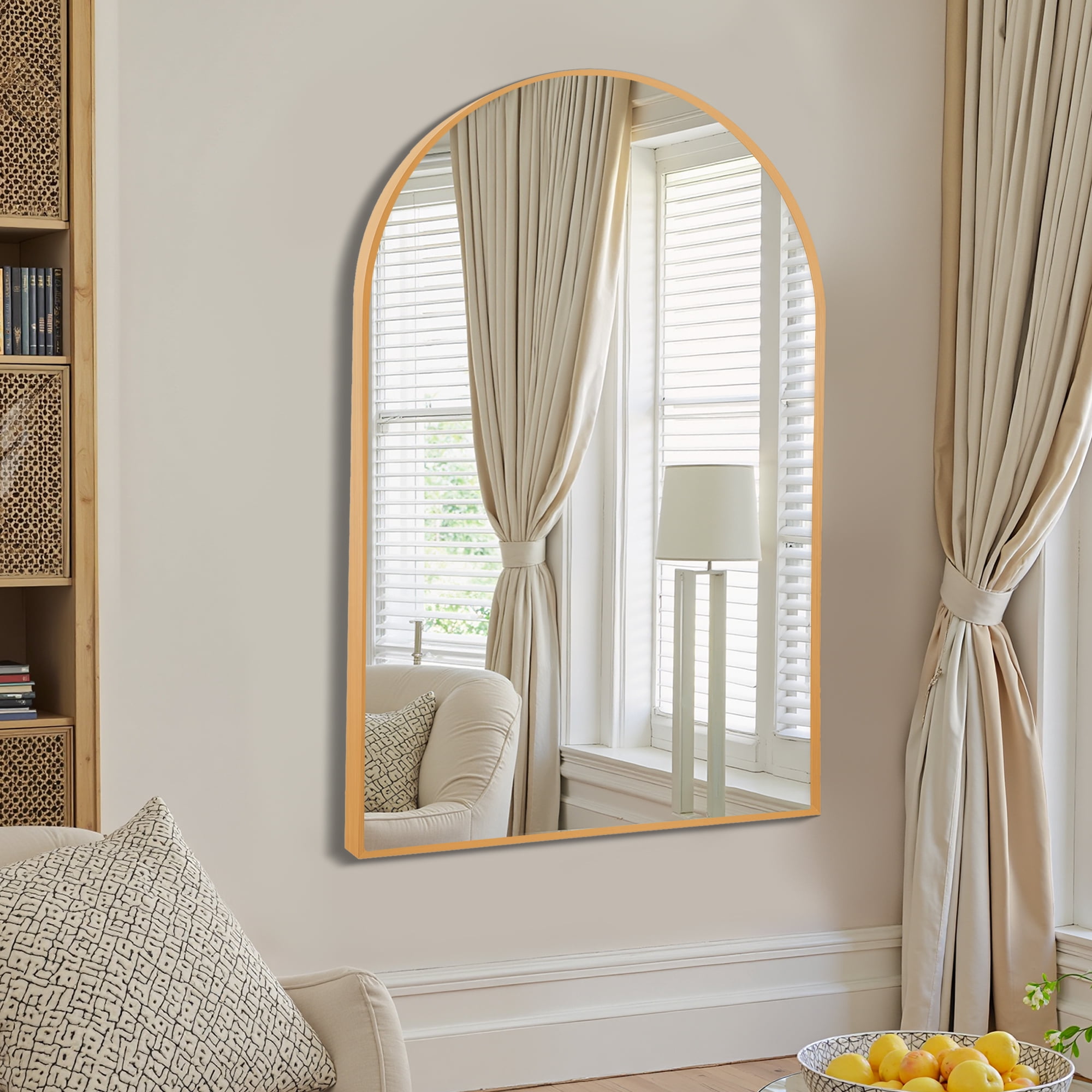 MAYEERTY 36"×24" Gold Aluminum Slim-Frame Arched Wall Mirror Lightweight, Easy Installation for Any Room