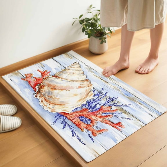 Ocean Life Door Mat 16x24 Inch Marine Coral Shell Algae Starfish Wood Grain Entryway Rug with Non-Slip Rubber, Inside Floor Mats Front Door Rug for Living Room Bathroom Bedroom Home Office