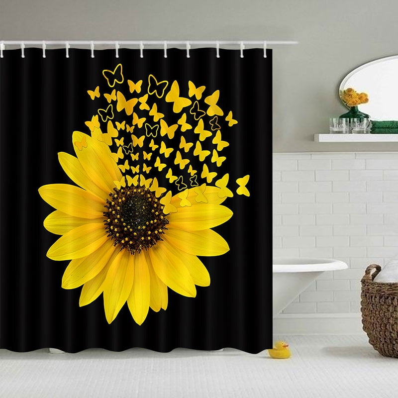 Butterfly and sunflower Shower Curtain Bathroom Decor Fabric & 12hooks 71 Inch 