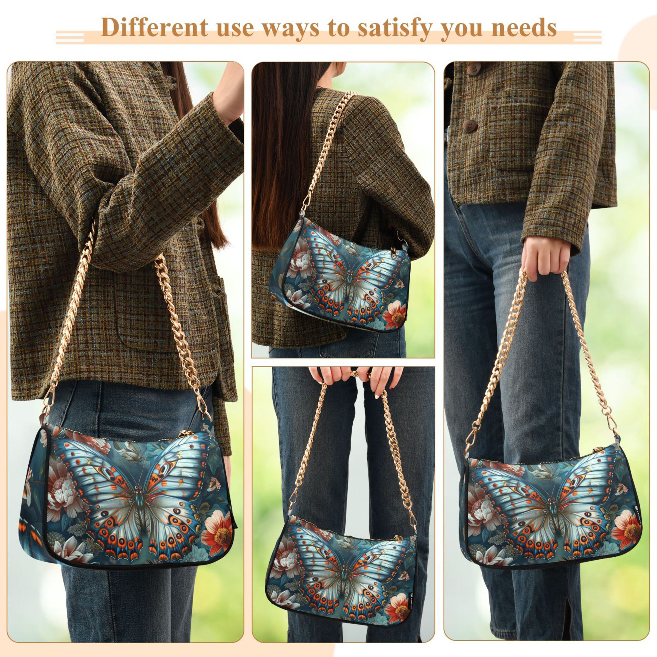 Ryvnso Magic Butterfly on Floral Womens Chain Shoulder Bag Tote Handbags Clutch Hobo Purse with Zipper for Travel