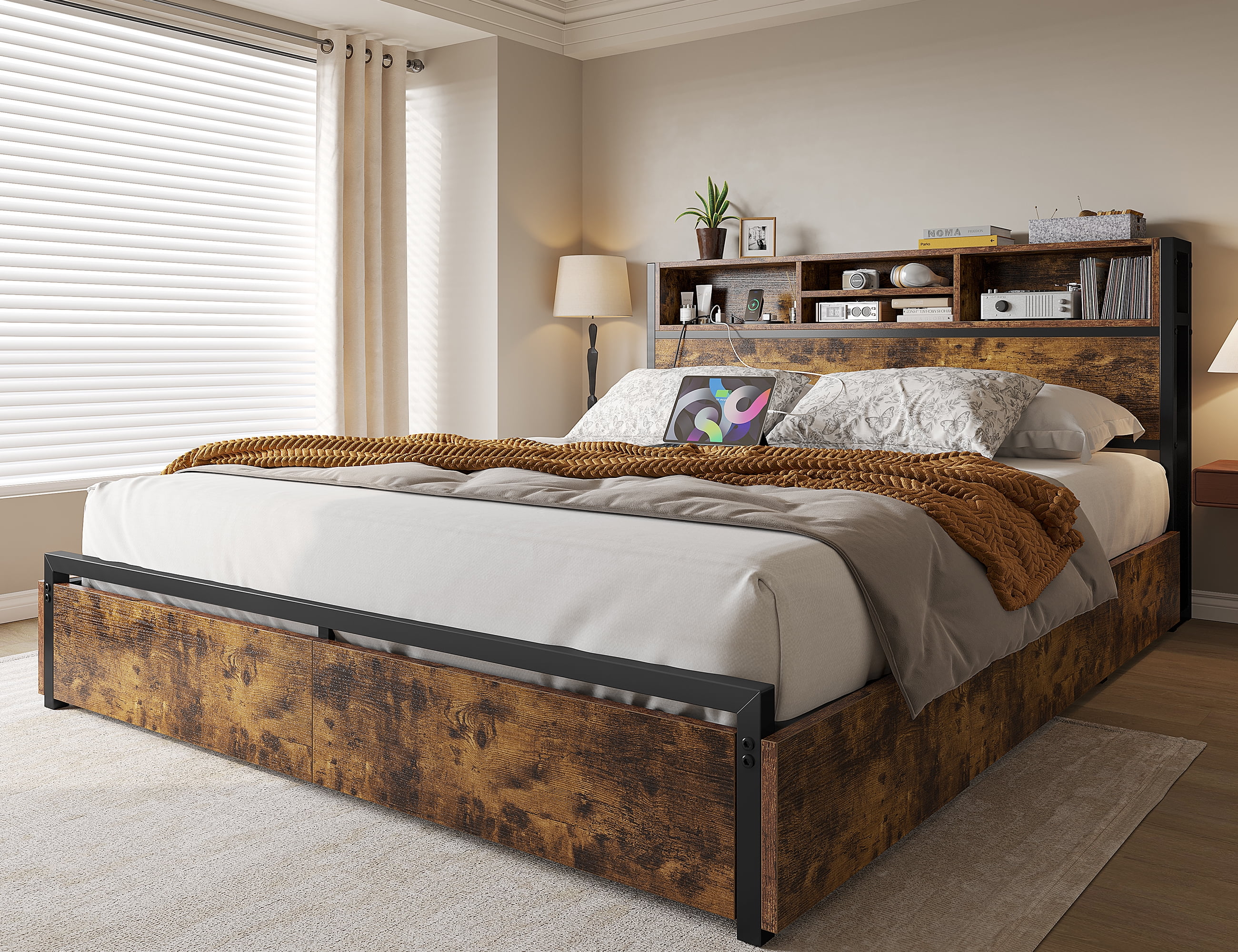 EnHomee Queen Bed Frame with 6 Storage Drawers Queen Bed Frame with Headboard & Charging Station No Noise,Vintage Brown