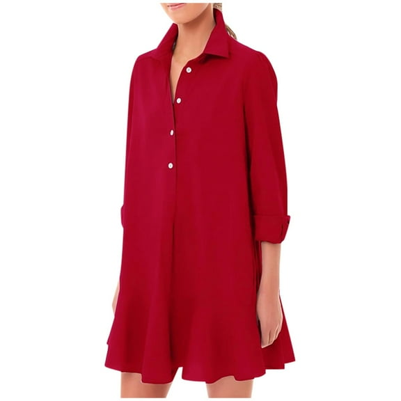 Solid Color Long Sleeve Turn Down Shirt Dress For Women With Ruffled Hem Linen Dress for Women Summer Summer Outfits for Women Dresses Long Summer Dresses for Women Knee Length Dress Comfy Summer