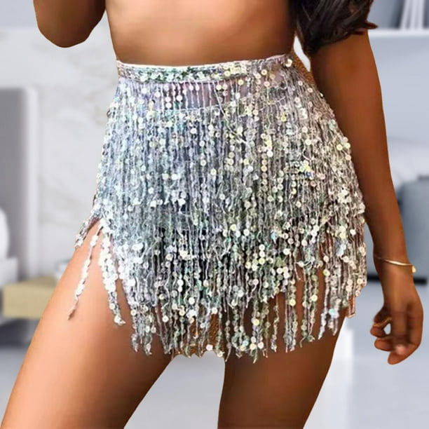 Yinanstore Boho Belly Dance Skirt Sequin Waist Chain Glitter Body Accessories Sequined Tassel Belt Wrap Hip Scarf for Dance Rave Party Performance