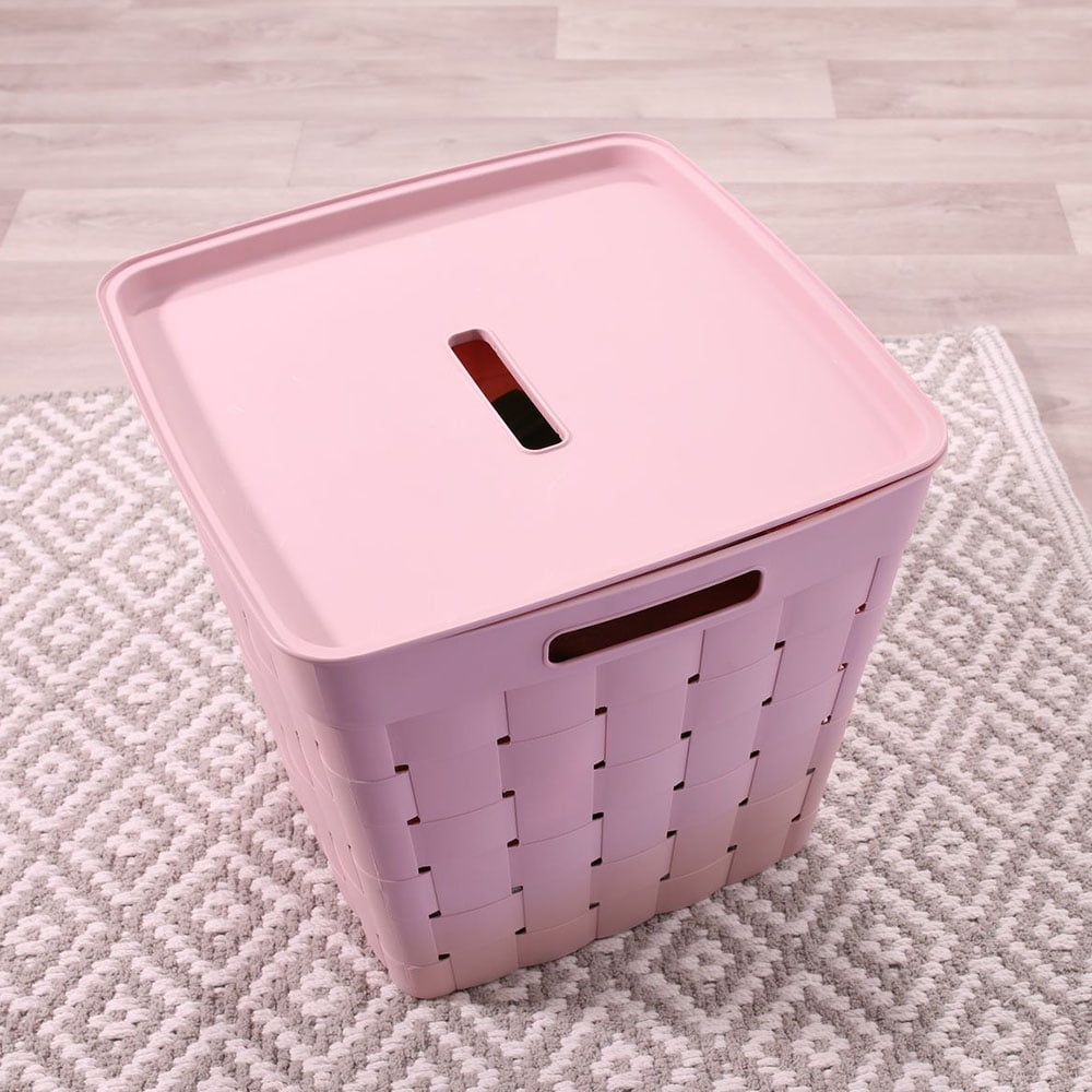 Your Zone Child and Teen Wide Weave Plastic Stacking Storage Bin with Lid, Pink