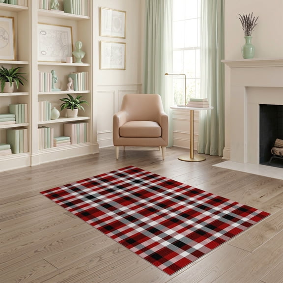 ODIKA Plaid Gingham Checkered Tartan Border Striped Front Layering Stain Resistant Low Profile for Dorm Room, Small Living Apartment
