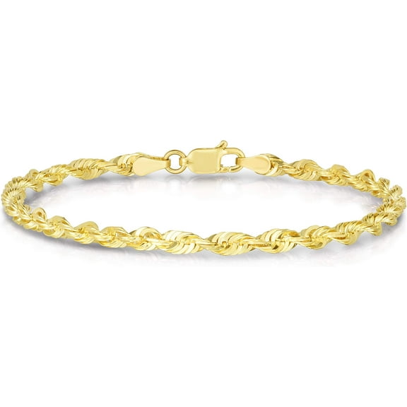 Floreo 10k Yellow Gold 3.5mm Solid Spiral Rope Multi Diamond Cut Chain Bracelet or Anklet
