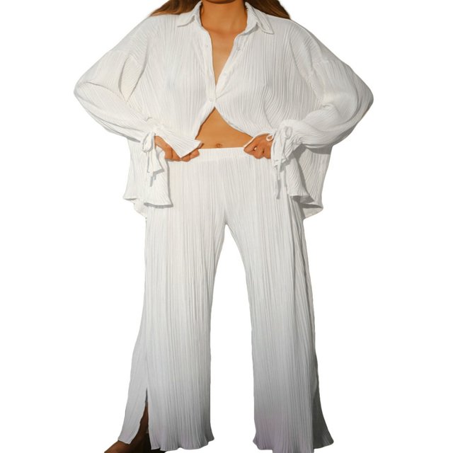 Women Solid Color Long Sleeve Blouse and Straight Fit Trousers