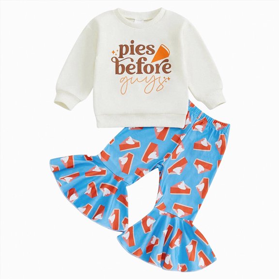 Xyant Toddler Baby Girl Fall Clothes Long Sleeve Letter Print Sweatshirt Pumpkin Pie Bell Bottoms Winter Outfit (White,2-3 Years)