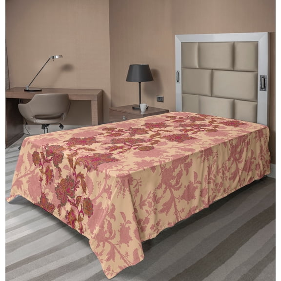 Ambesonne Floral Flat Sheet, Vibrant Boho Flowers, TwinXL Size, Peach and Coral