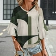 thumbnail image 3 of Sage Green Geometric Green Modern Abstract Women's V-Neck Blouse With 3/4 Ruffled Bell Sleeves Casual Top Ladies Blouses, 3 of 7
