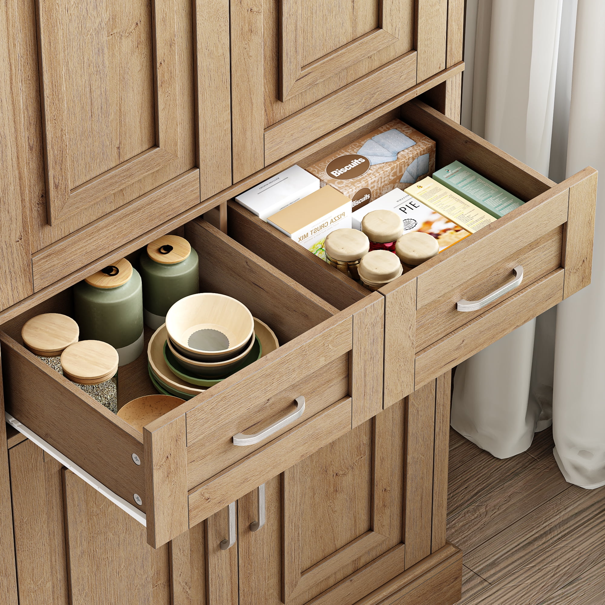 Homfa 70.9'' Tall Kitchen Pantry with 4 Doors, 2 Drawer Modern Freestanding Storage Cabinet for Dining Room Living Room, Nature Wood