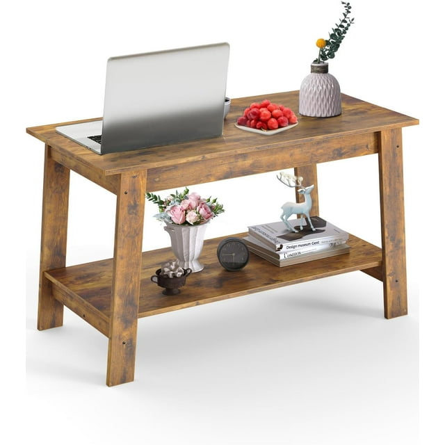 Ourlova 2-Tier Farmhouse Coffee Table with Storage Shelf, Rectangular Living Room Center Table Wood Coffee Table