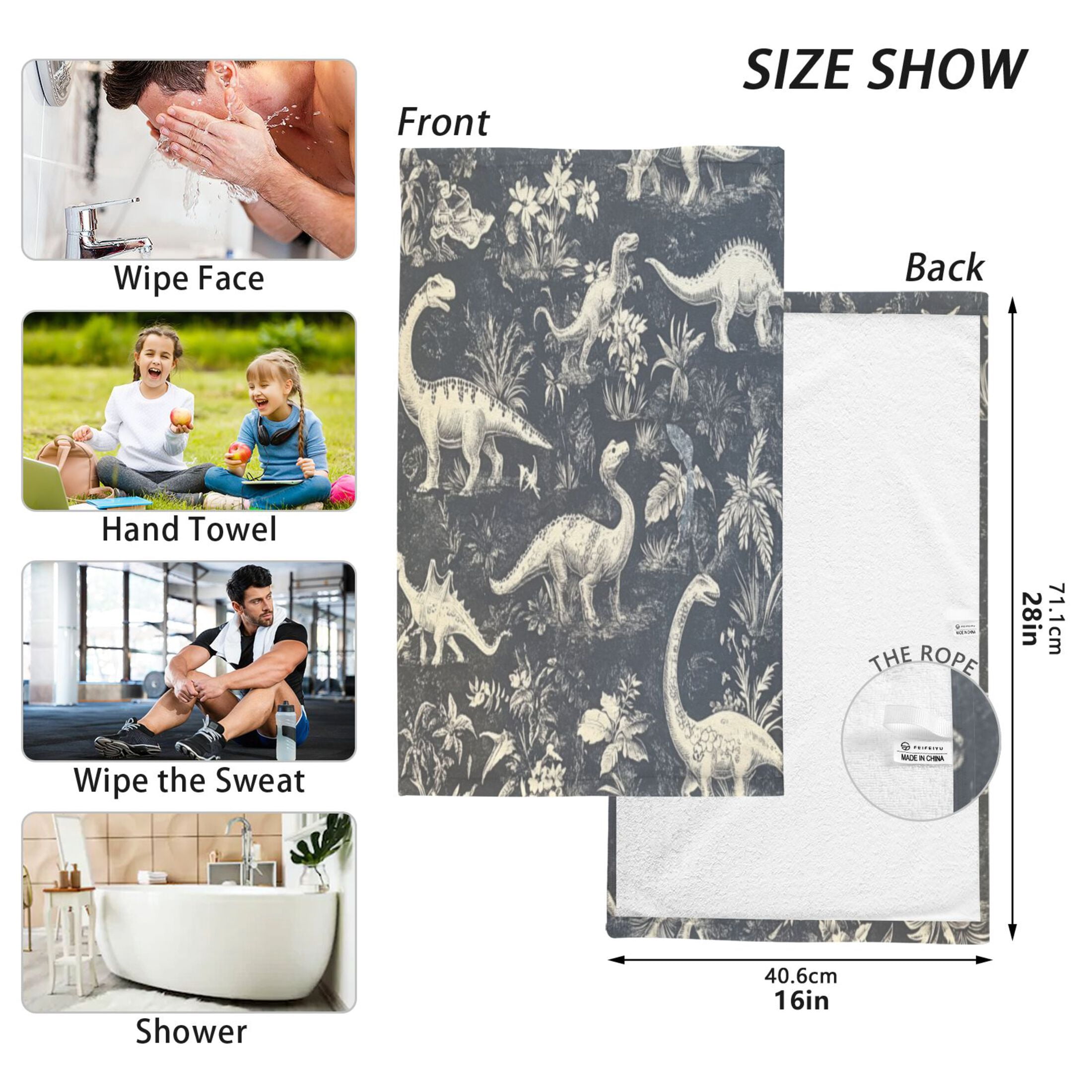 Cotton Towel Two-Piece 16x28 Inch One Sizex2 Face Towel Set Towel Set Cotton Hand Bath Towel Bathroom Beach Black and White Dinosaur