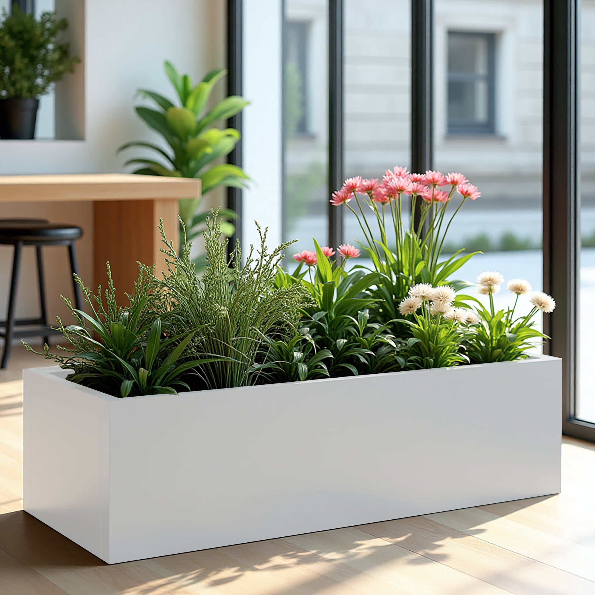 MAYEERTY 36*9*9" White Modern Large Rect Metal Planter Box with Drainage Hole for Outdoor Gardening & Balcony
