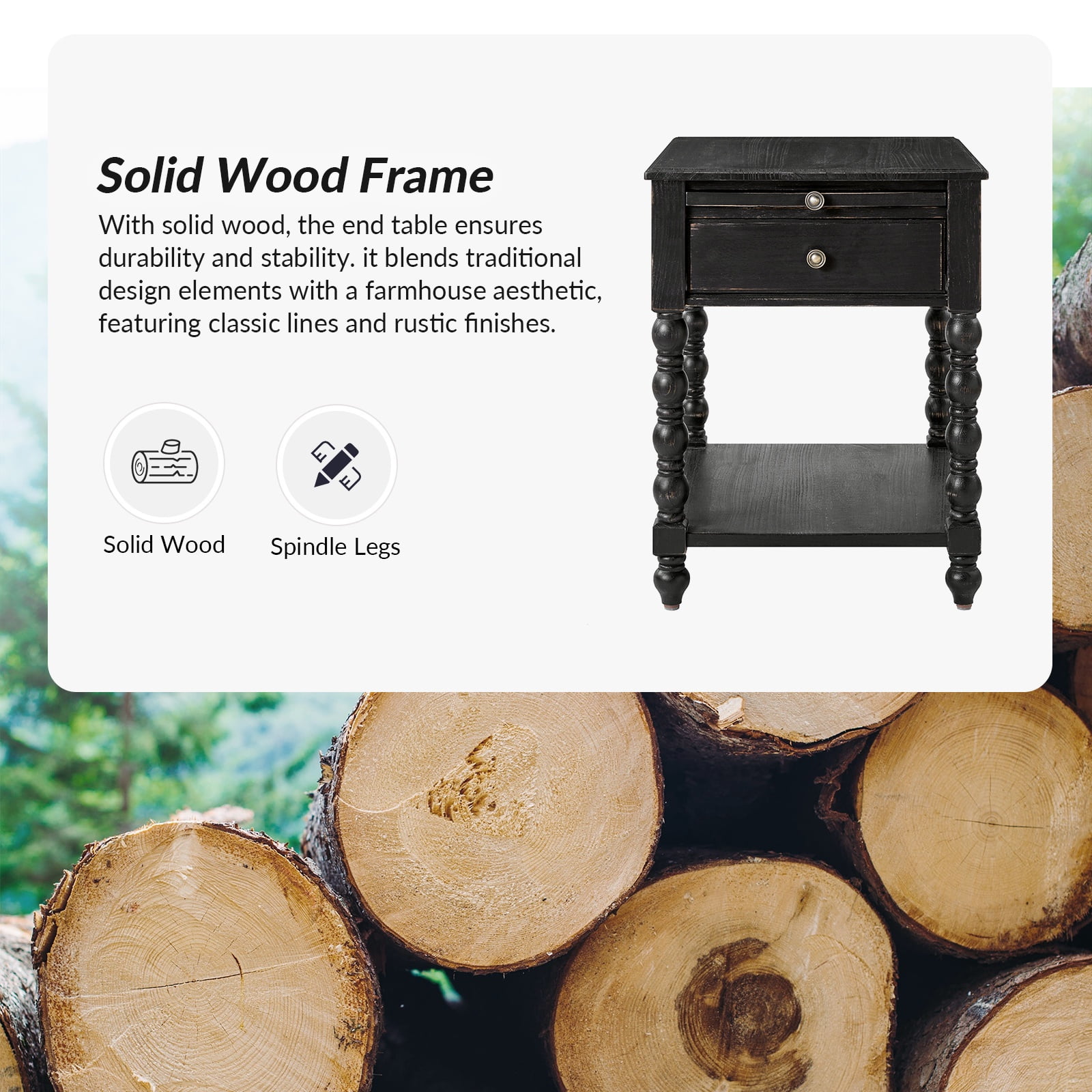 26" Modern End Table Solid Wood Set of 2 with Drawer Tray USB for Living Room Charcoal